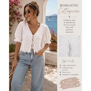 Hester & Orchard Women's Small White Eyelet Tie Front Romantic Puff Sleeve Top